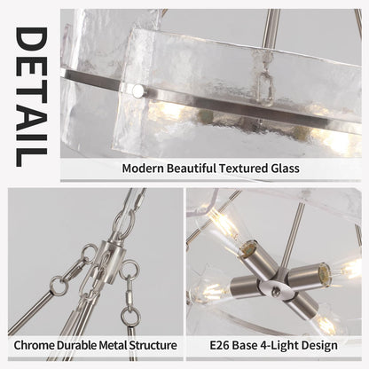 Corlaceling Modern Glass Dining Room Chandelier, 22 inch Brushed Nickel Drum Kitchen Island Light Fixture Luxury Textured Glass Water Ripple Crystal Chandeliers for Living Room Foyer Bedroom