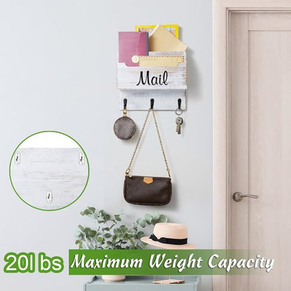DRASTAR Mail Organizer Wall Mounted, Wooden Mail & Key Holder for Wall, Hanging Mail Organizer, Retro White Mail Basket for Home Office