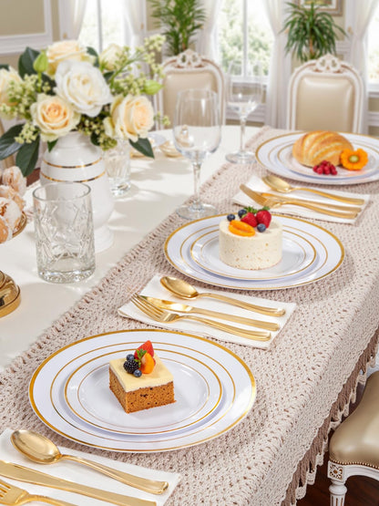 WDF 120 pieces Gold Disposable Plastic Plates - White and Gold Plates Include 10.25" Dinner Plate & 7.5" Salad Plate for Mother's Day Party Baby Shower Wedding Spring