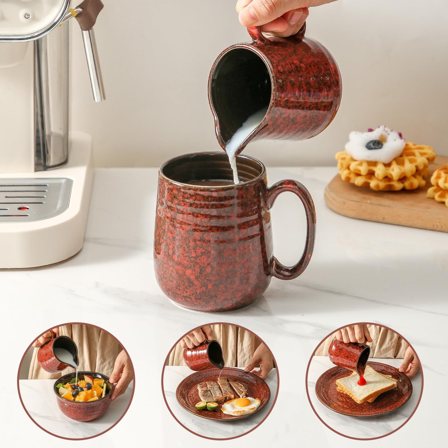 Hasense Ceramic Sugar and Creamer Set, 11 Ounce Sugar Bowl with Lid and Spoon, 10 Ounce Cream Pitcher, Red Coffee Serving Set for Gift, Dishwasher & Microwave Safe