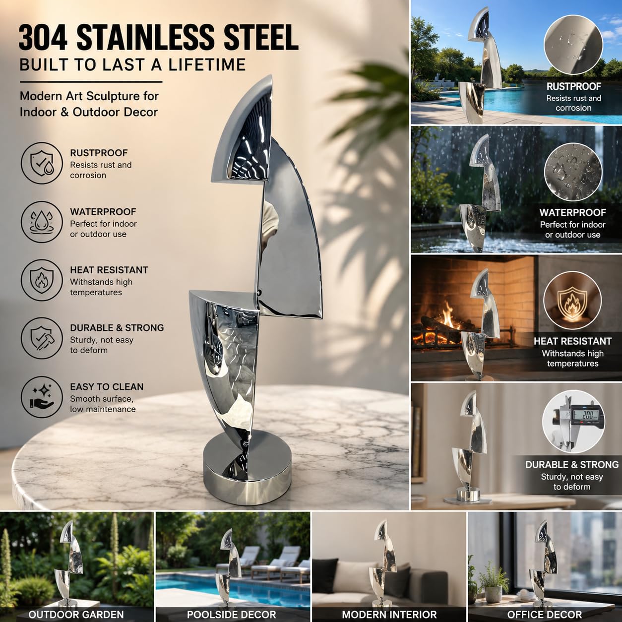 304 Stainless Steel Abstract Metal Sculpture, Modern Art Statue for Home, Office, Living Room, or Industrial Decor