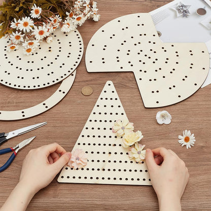 FINGERINSPIRE 4 Styles Wooden Wreath Frames for Craft Circular Wooden Wreath Boards Christmas Tree Shaped Macrame Flower Boards for Mesh Wreath Form Bow Shaped DIY Wreath Decor Supplies for Christmas