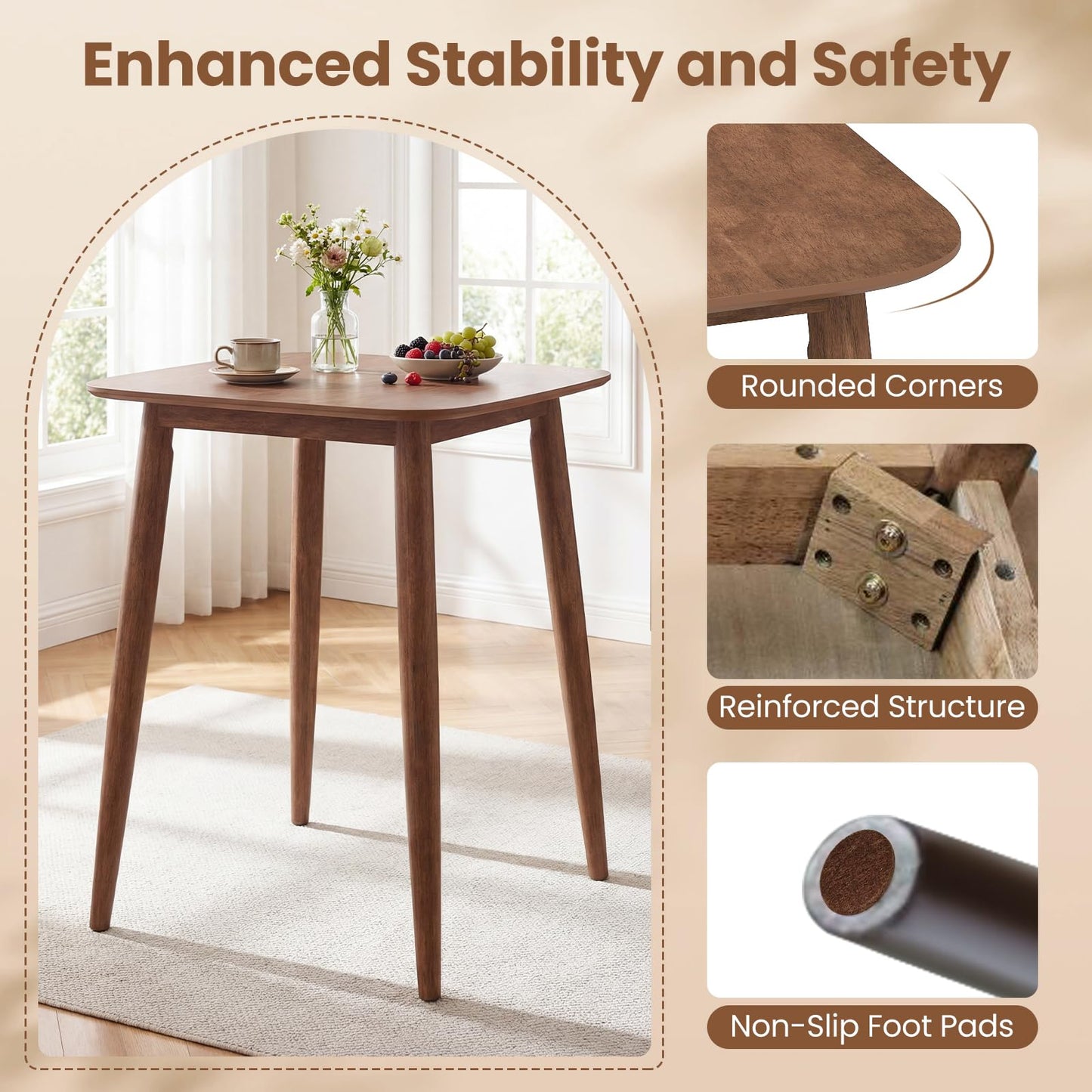 COSTWAY 36 Inch Counter Height Dining Table, Solid Rubber Wood Farmhouse Kitchen Table with Sturdy Pedestal Base, Walnut Finish