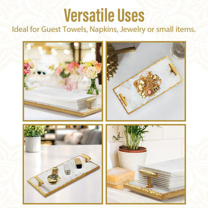 Guest Towel Holder Tray for Bathroom - Premium Marble Tray with Gold Rim - Bathroom Hand Towel Tray, The Perfect Vanity Tray for Bathroom. Ideal Valentines Day Gift.