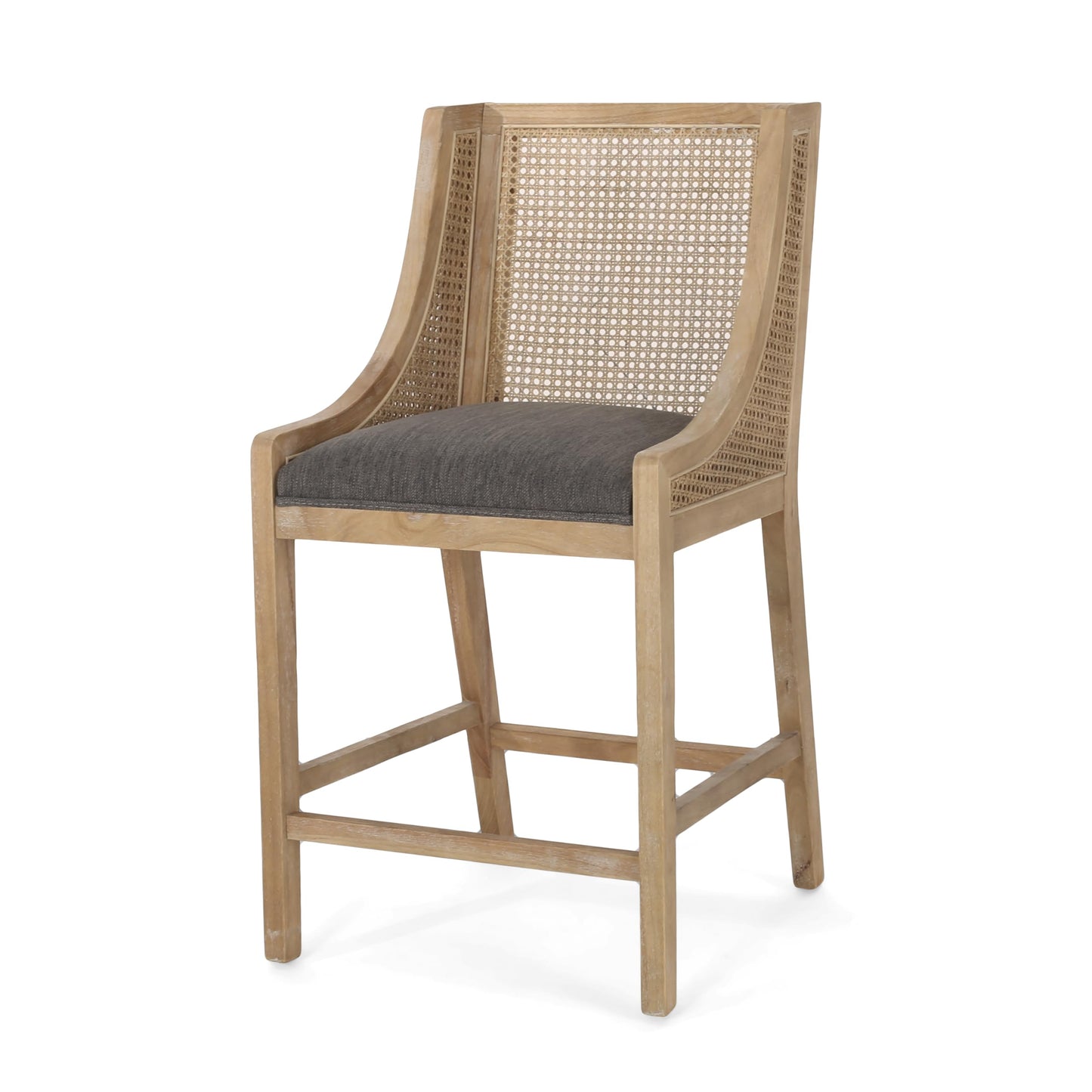 Merax 25.5" Fabric Upholstered Wood and Cane Counter Stools with Backrest,Set of 2,French Country Barstools Chair
