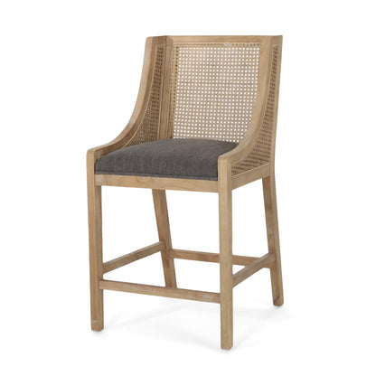 Merax 25.5" Fabric Upholstered Wood and Cane Counter Stools with Backrest,Set of 2,French Country Barstools Chair