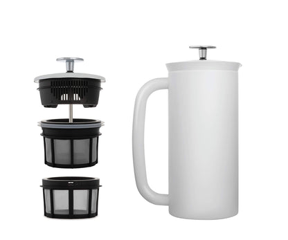 ESPRO - P7 French Press - Double Walled Stainless Steel Insulated Coffee and Tea Maker with Micro-Filter - Keep Drinks Hotter for Longer (Matte White, 32 Oz) Cleaning Powder