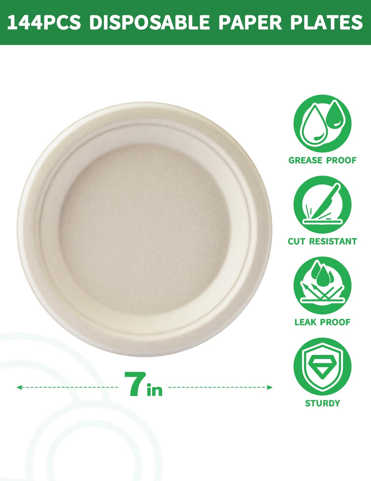 100% Compostable 7 Inch Paper Plates [144-Pack] - Biodegradable Sugarcane Bagasse Dessert Plates for Cake, Appetizers, Salads | Heavy Duty Disposable Plates for Kids Birthday & Holiday Party Supplies