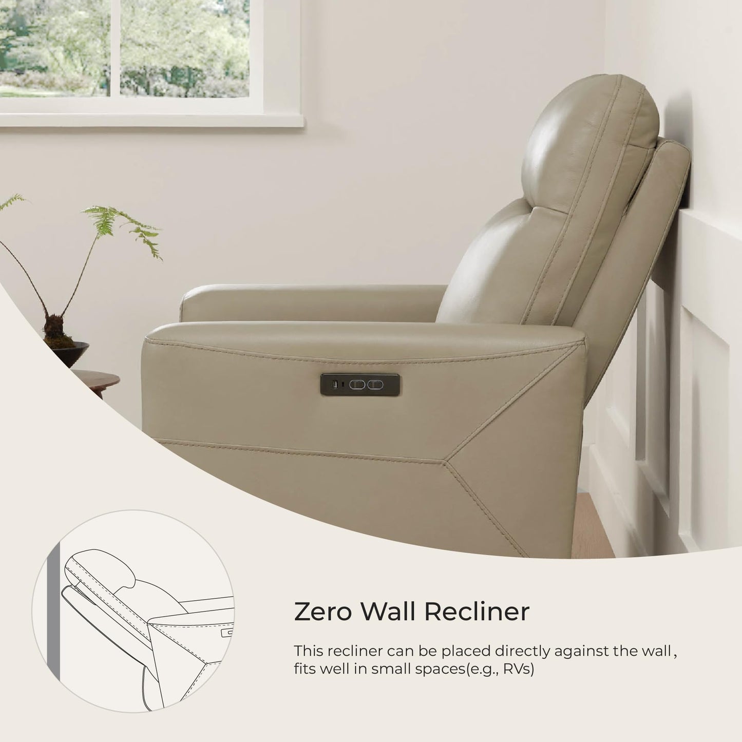CHITA Genuine Leather Power Recliner Chair for Adults, Electric Wall Hugger Recliner for Small Spaces, Modern Living Room and RV Recliner Chair with Power Headrest & Charging Ports, Latte Tan