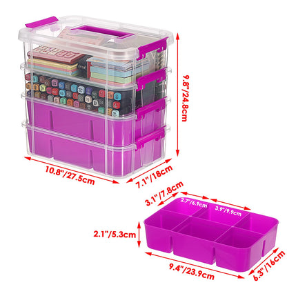 JUXYES 4-Tiers Stack Carry Storage Box With 2 Divided Tray, Transparent Stackable Storage Bin With Handle Lid Latching Storage Container for School & Office Supplies, Purple