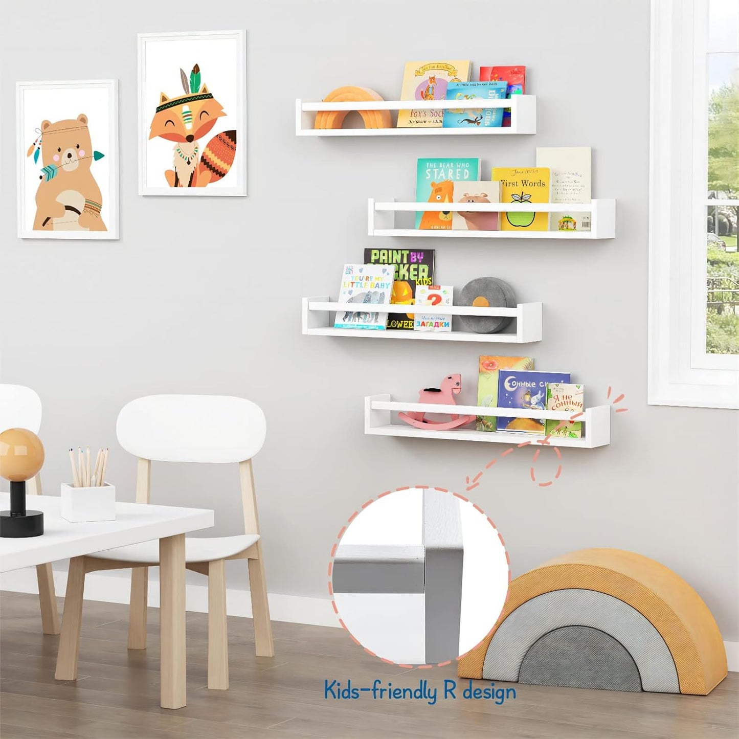 24 Inch Set 4, Forbena Wall Bookshelf for Kids Bedroom of White Floating Nursery Book Shelves for Baby Toddler Children