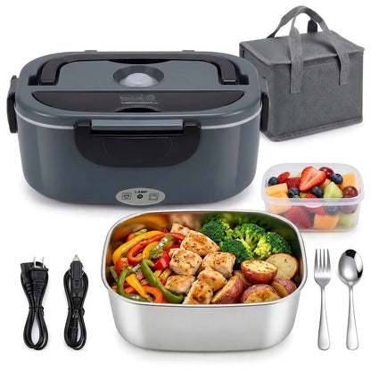 MEGAWISE Electric Lunch Box 1.5L with 304 Stainless Steel Container, 3-in-1 Food Heating Lunch Box for Adults, Food Warmer for Car, Truck, Office, Includes Utensils & Carry Bag (Charcoal Gray)