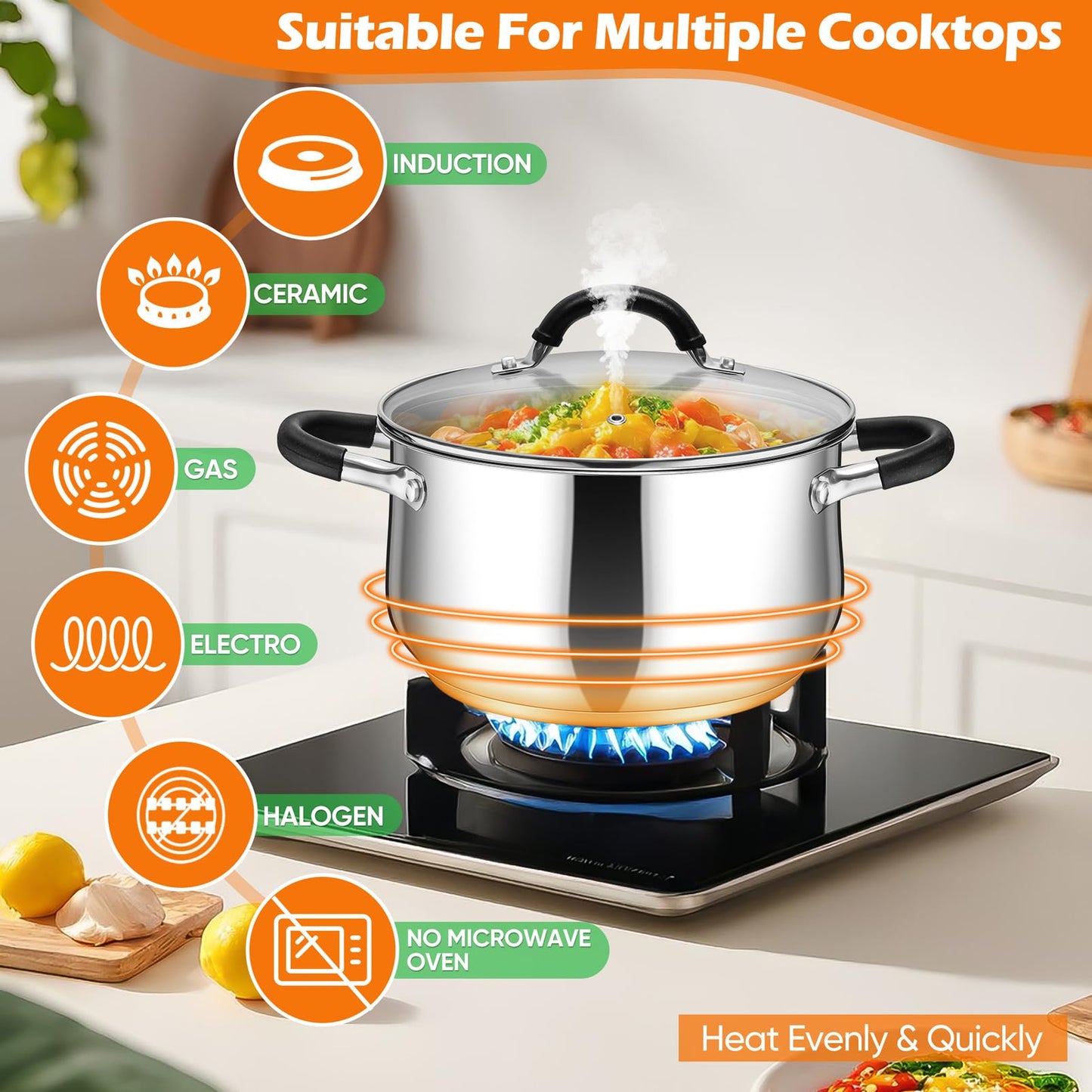 P&P CHEF Stainless Steel Stock Pot, 6 Qt Cooking Soup Pot with Visible Lid for Pasta, Tri-Ply Bottom & Dual Heatproof Handles, For Induction Gas All Stoves, Non-Toxic & Dishwasher Safe