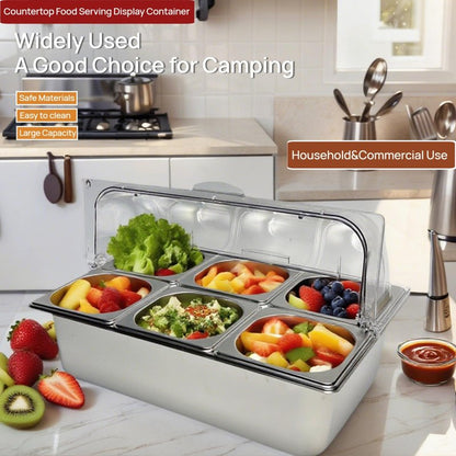 YPCDTL01 6-Pan Countertop Food Serving Display Container - Cold Buffet Table Serving Station for Salad Dressing, Appetizers, Spices & Fruit -Stainless Steel Food Serving Tray Ideal for Buffets