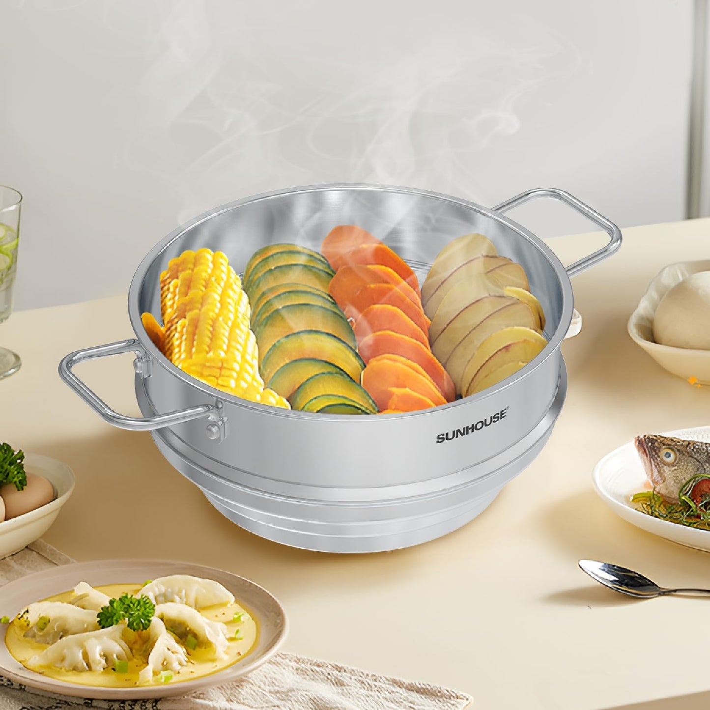 SUNHOUSE 5 Quart Stainless Steel Steamer Insert – Multi-Purpose Soup & Food Steamer with Stay-Cool Handles & Heavy-Duty Glass Lid – Fits Various Pot Sizes (8", 8.5", 9.5")