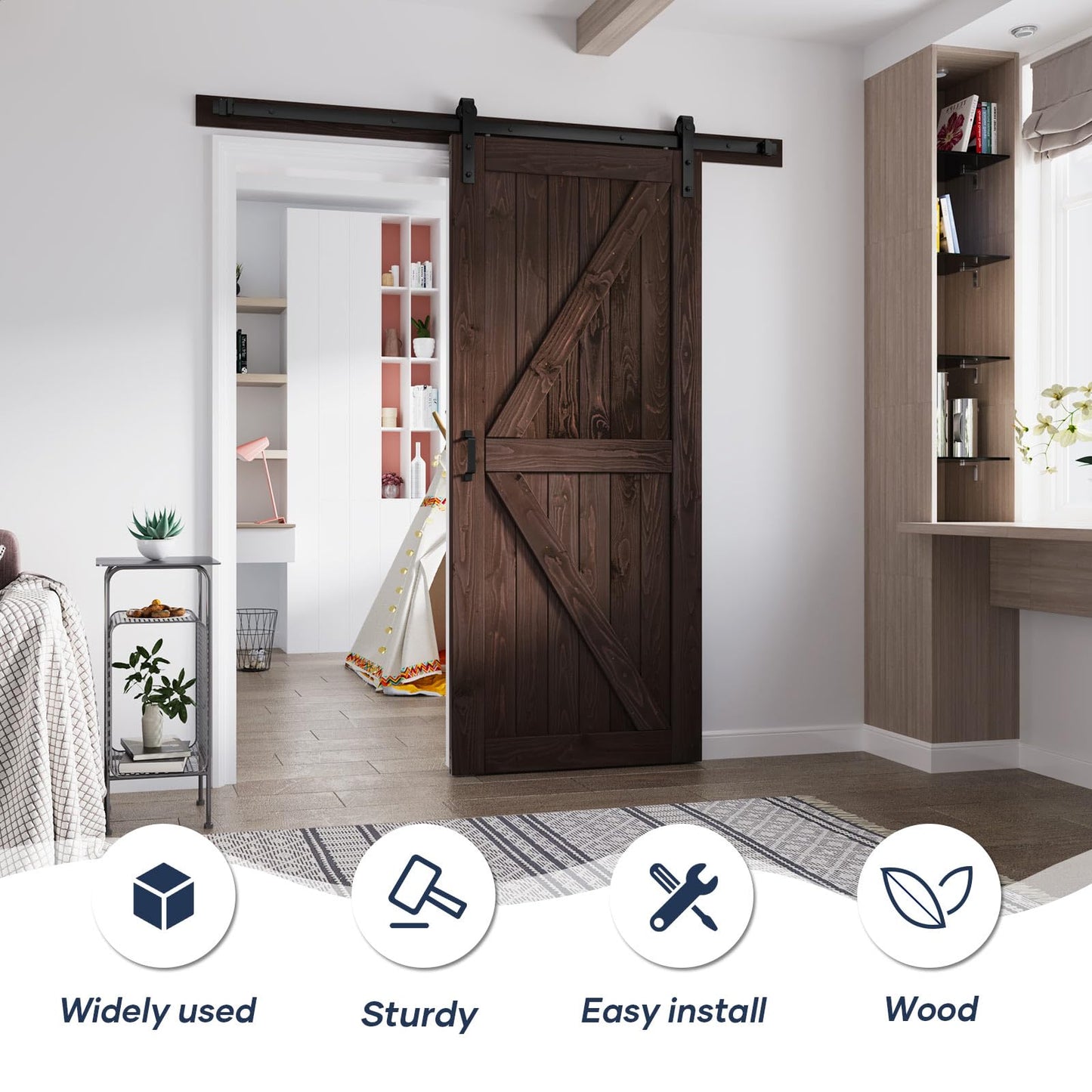 FREDBECK 36in x 84in Brown Barn Door with 6.6ft (79inch) Barn Door Hardware Track Kit and Handle Included, Double Surfaces,Simple Assembly is Required,K-Frame,Coffee
