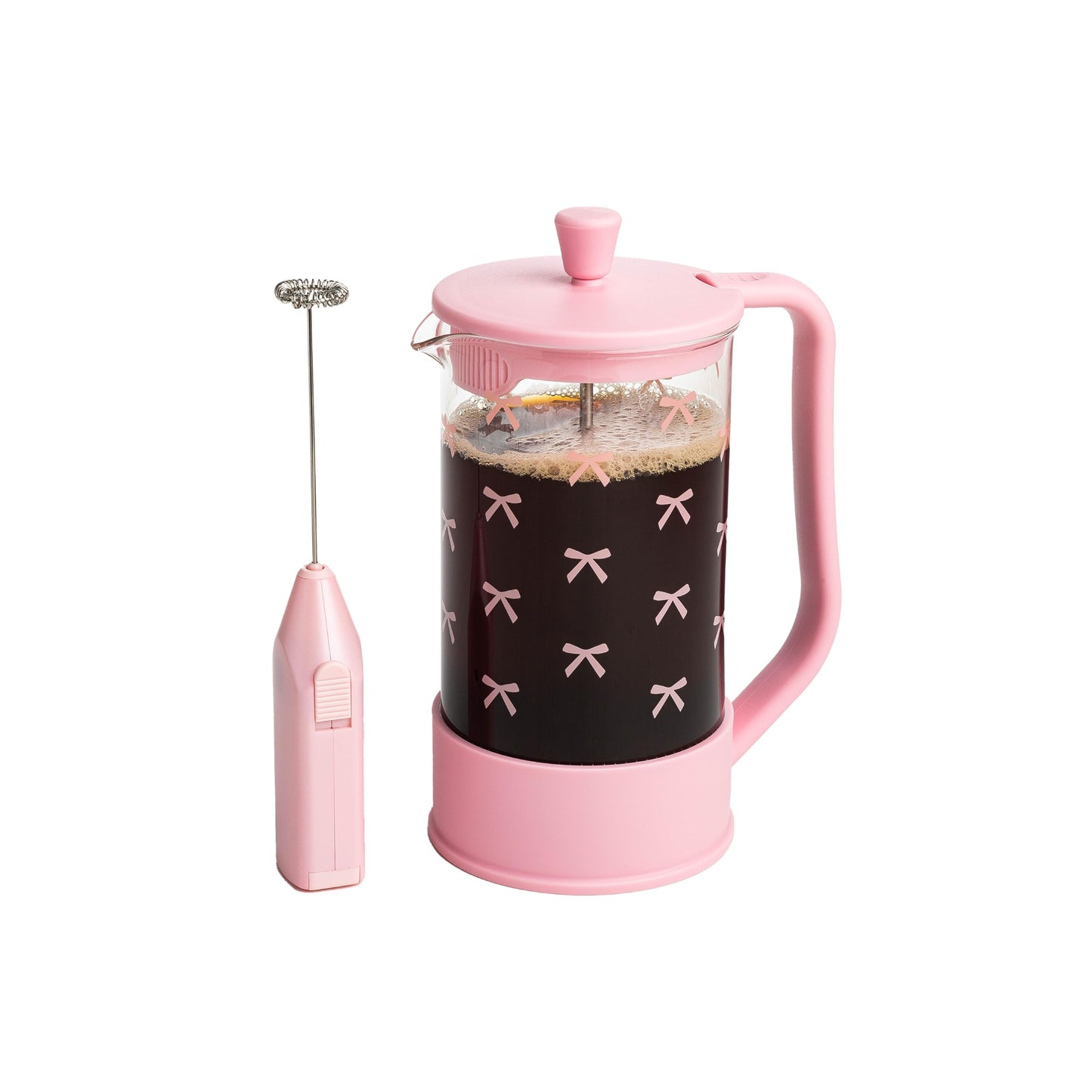Paris Hilton Bow Design French Press and Frother Coffee Gift Set, Includes a 8-Cup Coffee Press and Battery Operated Handheld Milk Frother, 2-Piece Set, Pink