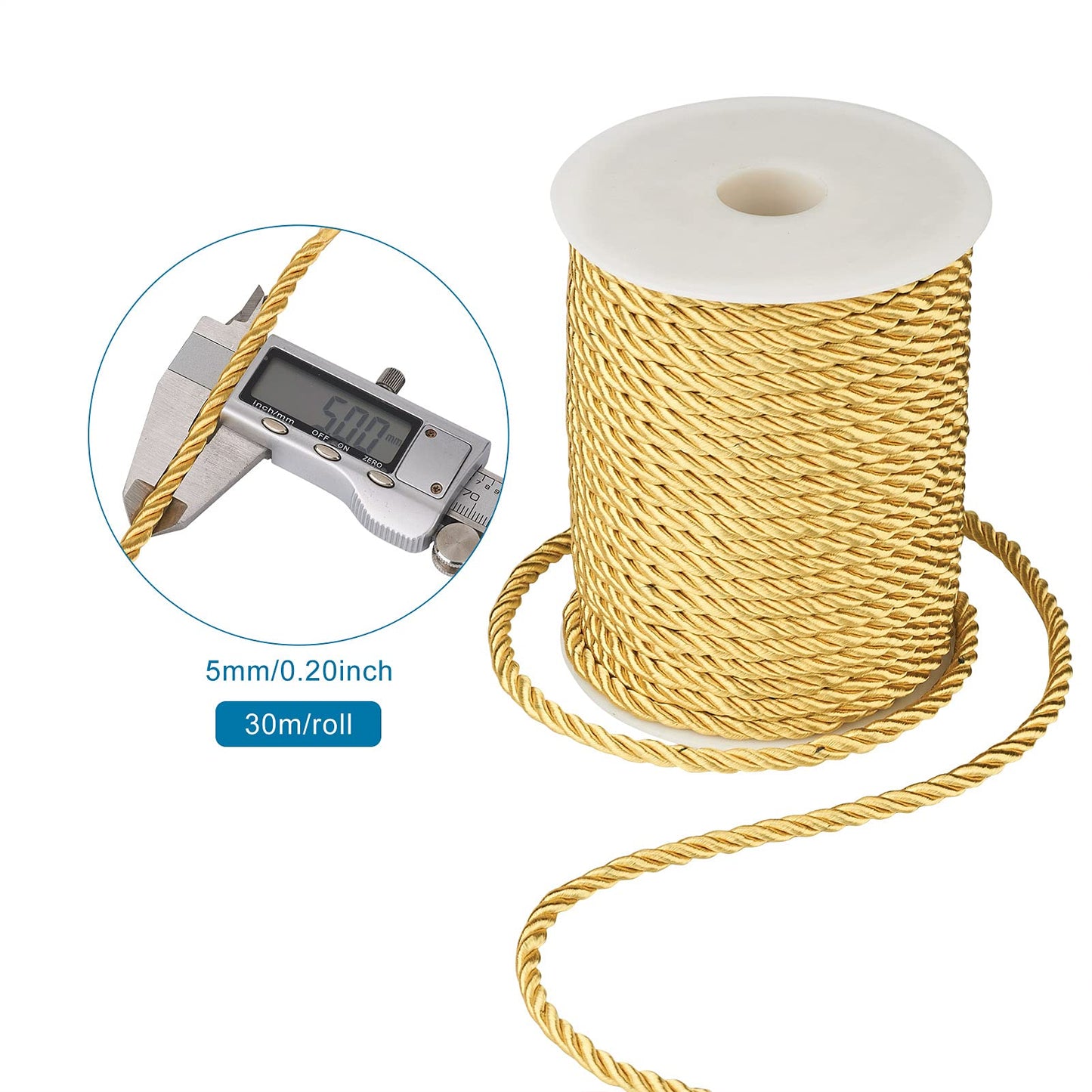32 Yards 5mm Twisted Trim Cord Gold Polyester Twine Decorative Rope 3-ply Braided Fabric Macrame Thread String with Spool for Wall Hanging Plant Hangers Home Decor Customes Curtain Tieback