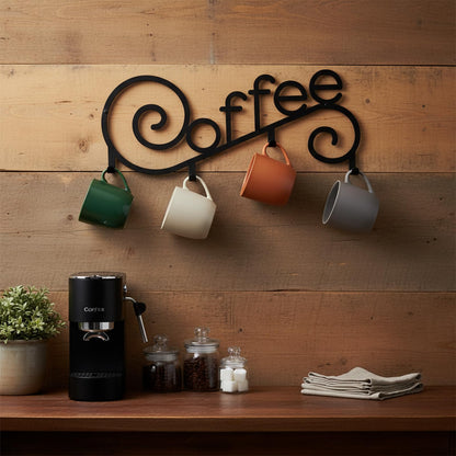 WOPARTY Metal Wall Mounted Coffee Cup Mug Holder with 4 Hooks, 15.75 x 6.3 Inch, Decorative Coffee Bar,Kitchen, Bar Station Accessories Decor