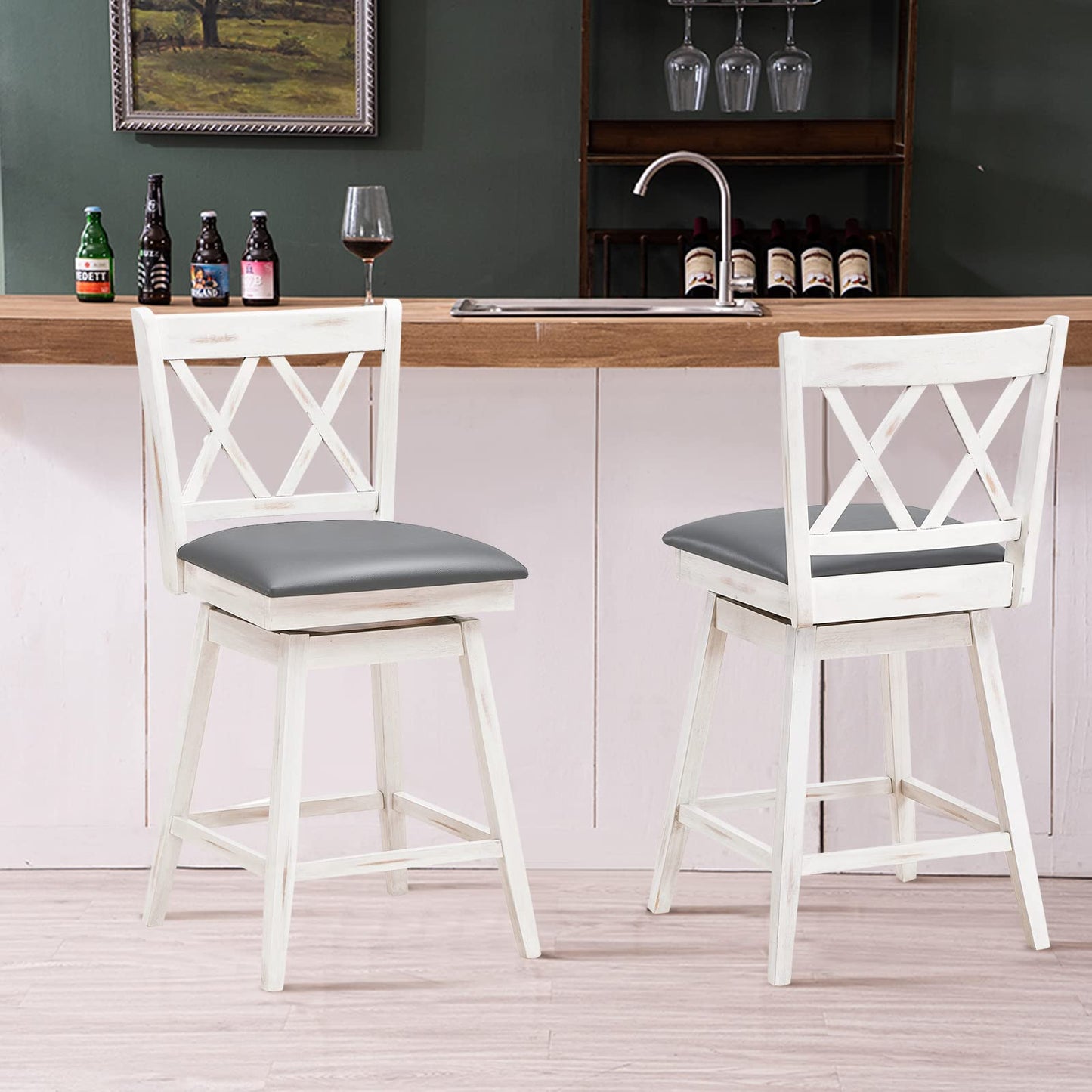 COSTWAY Bar Stool Set of 4, 360 ° Swivel Counter Height 25inch Bar Stool with Foot Rest Upholstered Cushion & Ergonomic Backrest, Sturdy Frame, for Pub, Kitchen Islands (4, Antique White + Grey)