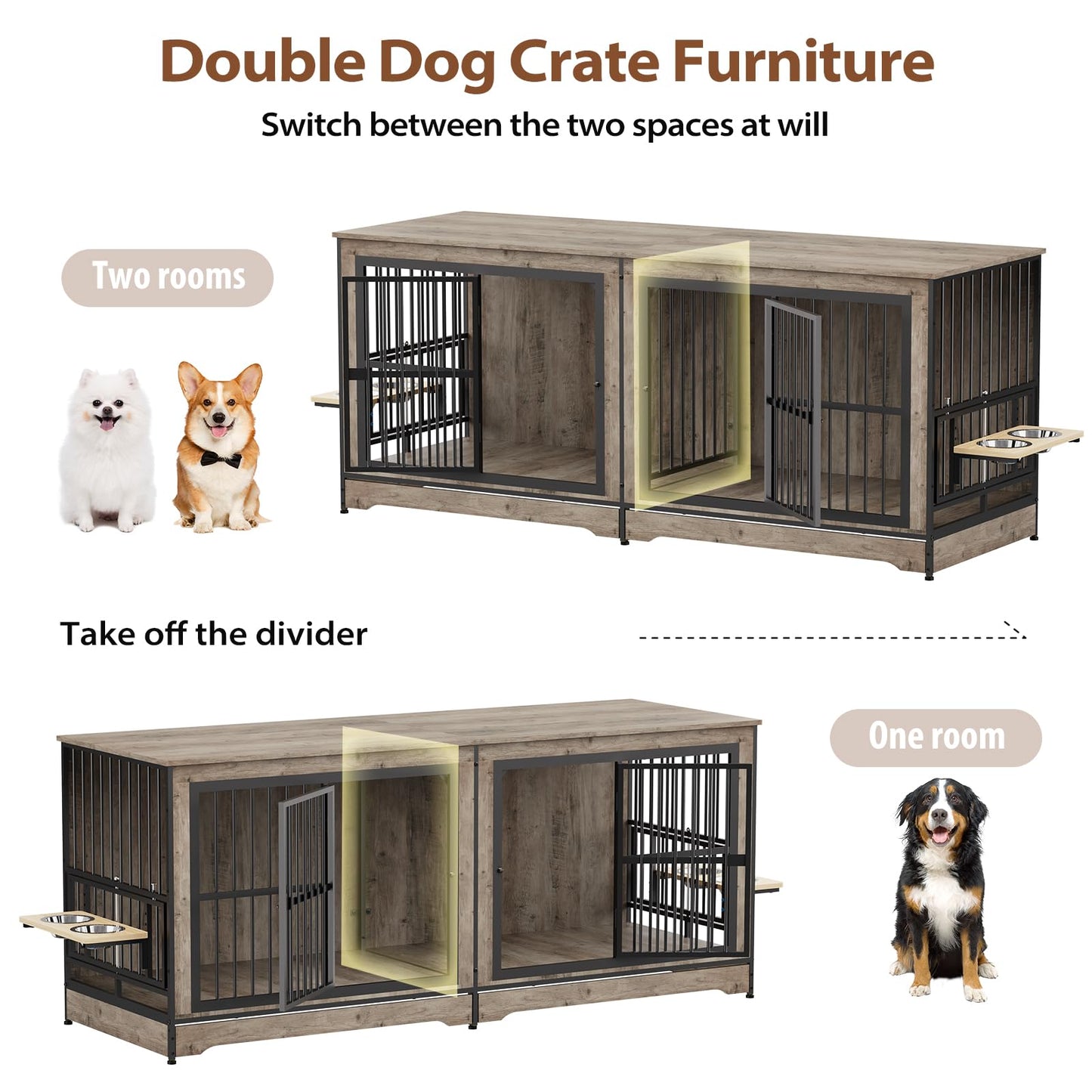 Rovibek 78 Double Dog Crate Furniture for 2 Large Dogs Indoor, Wooden Furniture Dog Crates with Dog Bowl, Dog Kennel Furniture TV Stand Large Breed Grey