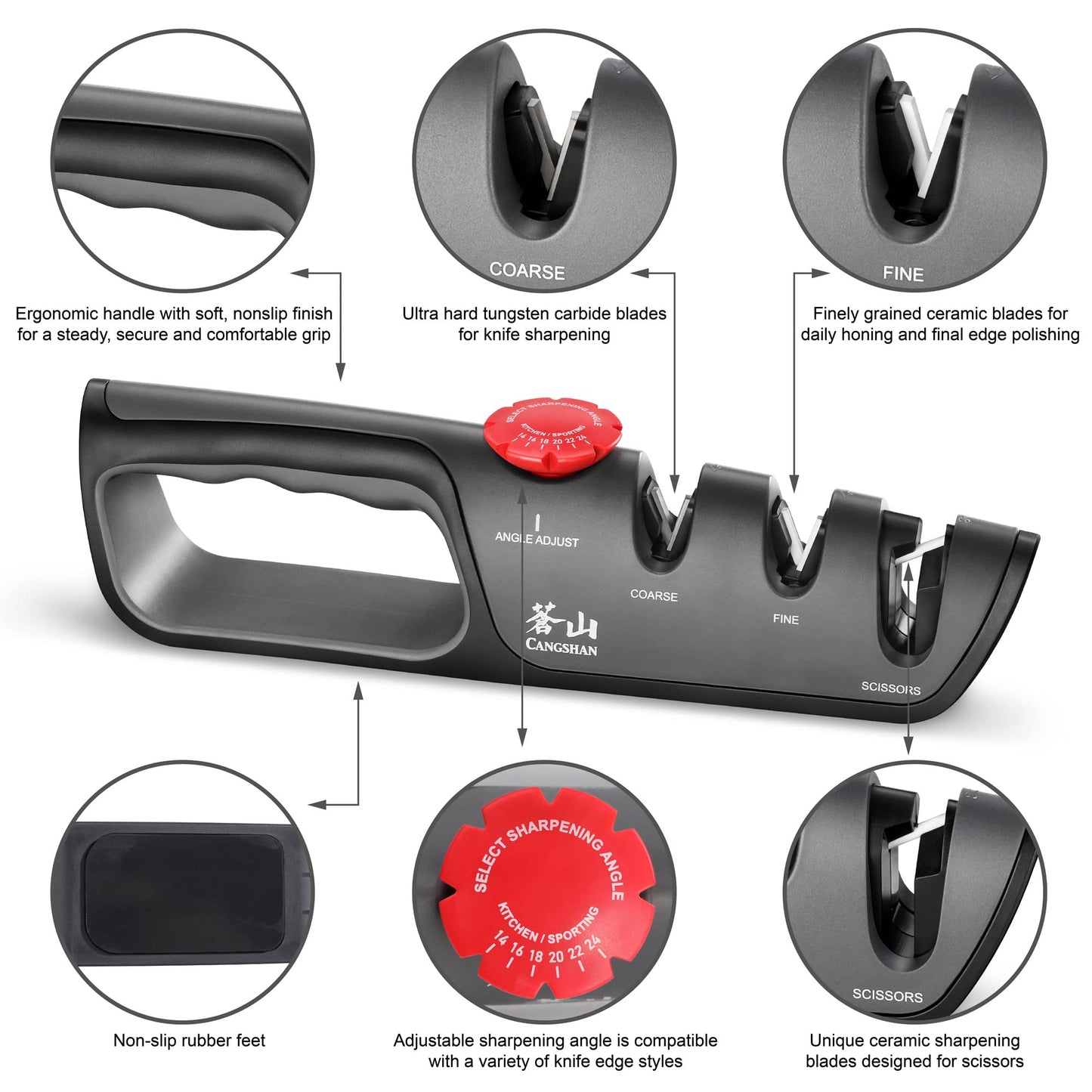 Cangshan 1026108 3-Stage Adjustable 14-24 Degree Professional Knife + Scissor Sharpener Black
