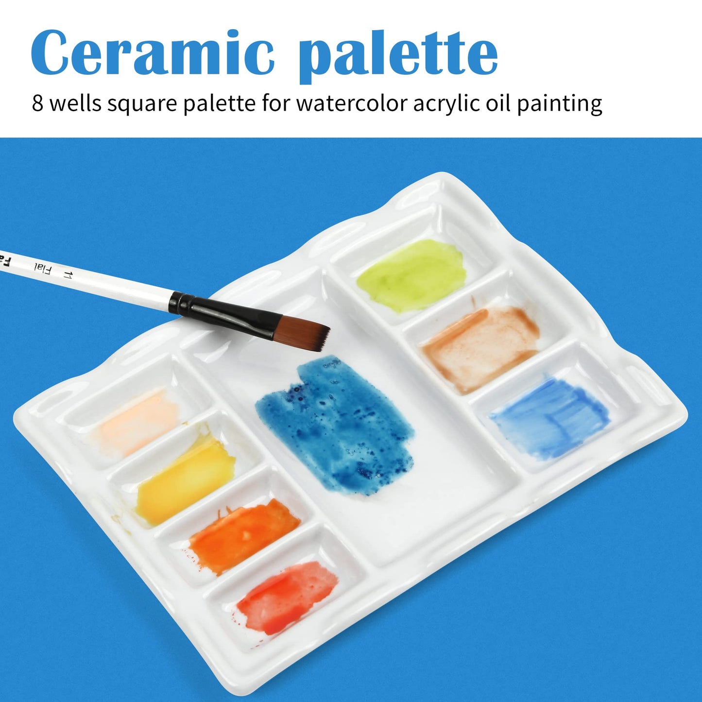Falling in Art Artist Ceramic Palette, 8 Well Rectangle Porcelain Watercolor Paint Palette for Watercolor Gouache Acrylic Oil Painting, 7-Inch