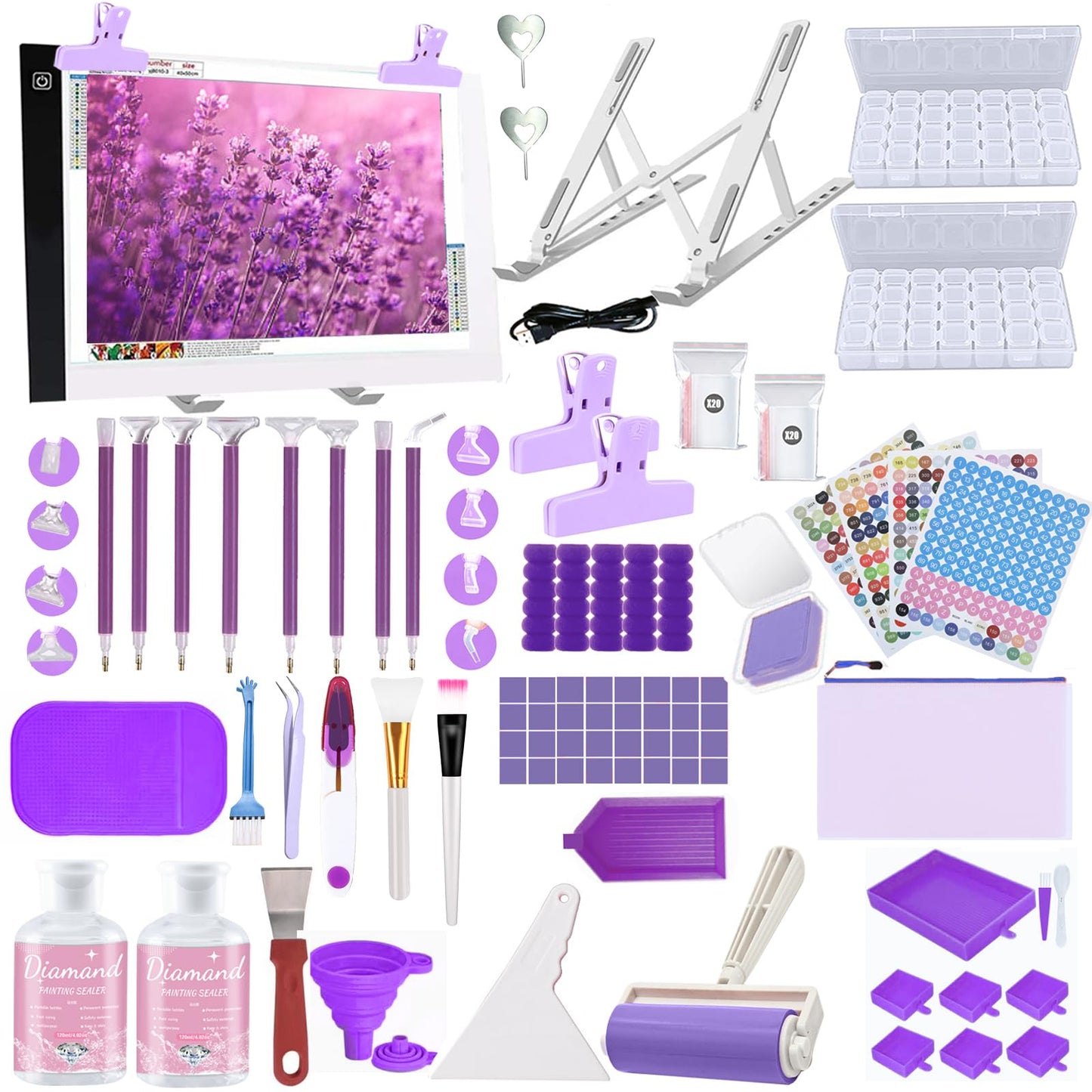 DNSGOOR 186Pcs All Inclusive Diamond Art Accessories Kit Diamond Painting A4 LED Light Pad Set with Diamond Art Sealer Glue Stand Storage Case Pens 5D Painting Tools for DIY Drill Craft