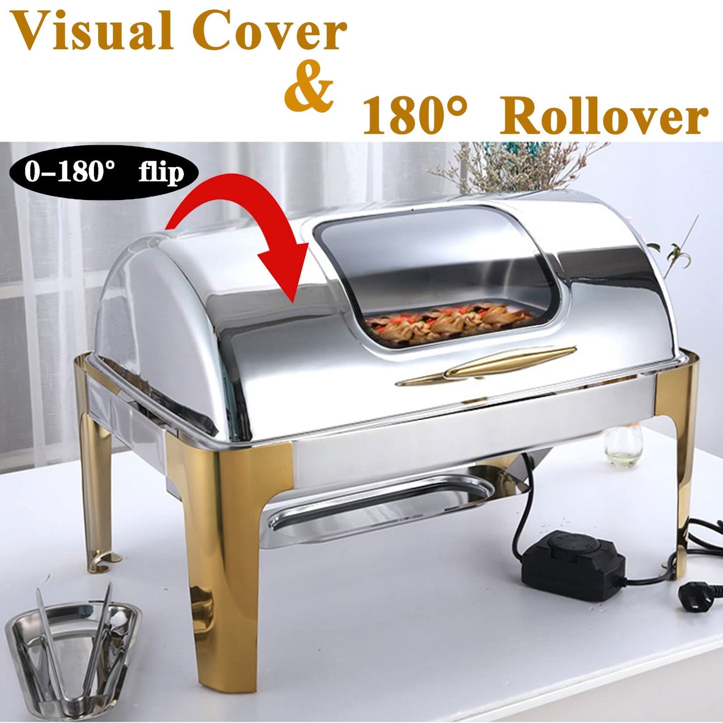 QUGURLID Electric Chafing Dish Buffet Warmers with Rolling Top - Food Warmers Buffet Server with Glass Lids, Catering Chafer Warmers for Parties and Family (Full Pan 9L)