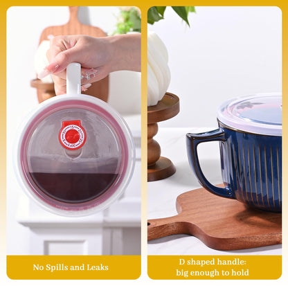 Pyrilo 38oz Blue Ceramic Soup Mug, Large Soup Bowl with Handle & Lid, Microwave & Dishwasher Safe Extra Large Soup Bowl with Lid for Cereal Oatmeal Ramen Instant Noodle Salad (1 Pack)