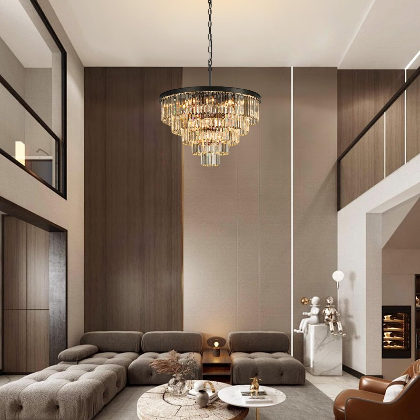 Crystal Chandeliers for Dining Room Lights Fixture Over Table, 20 Lights Black Modern Chandeliers for Living Room, 5-Tier Round Crystal Lighting Fixtures for Bedroom Entryway Kitchen Island D30 Inch