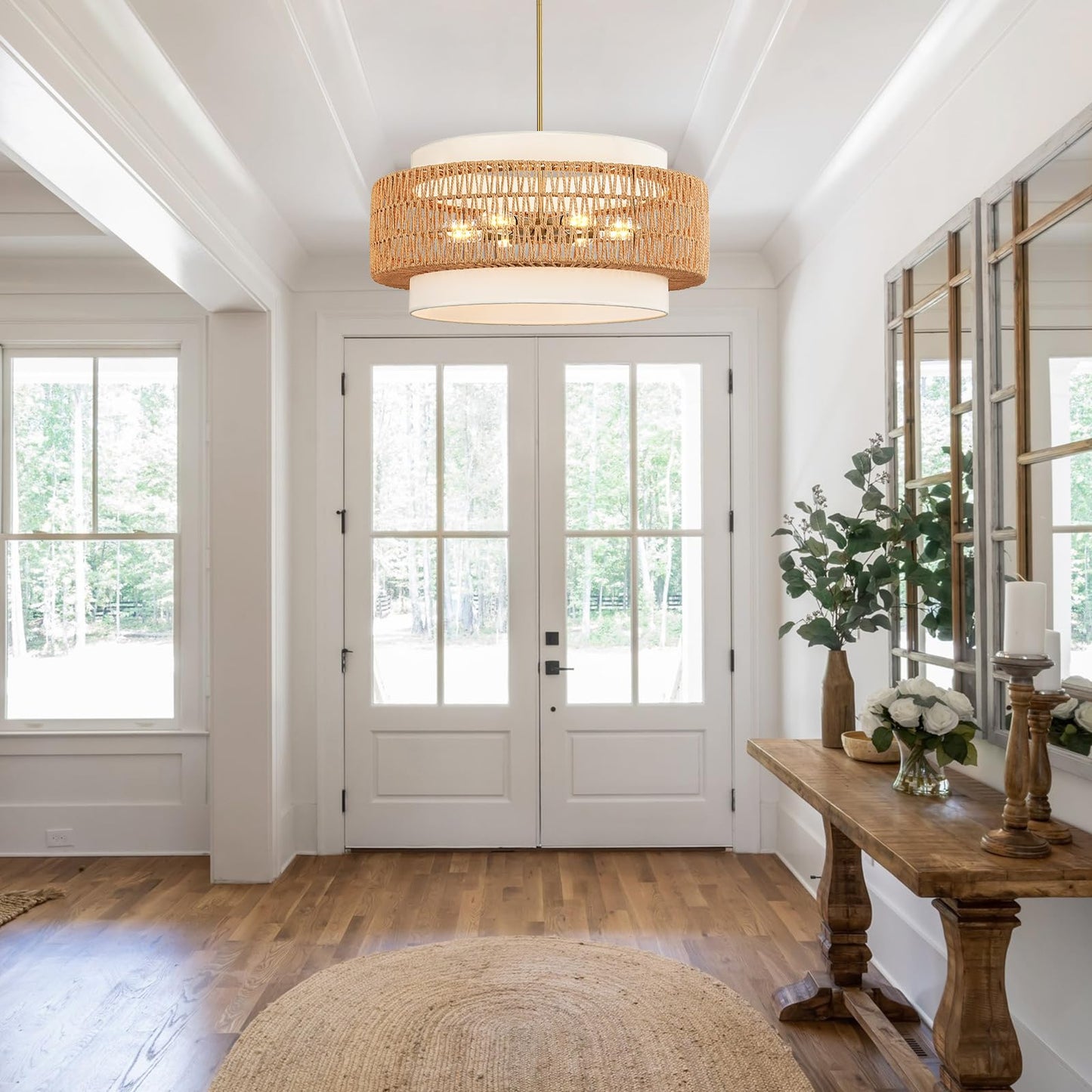 6-Light Boho Rattan Chandelier, 25.6" Large Rattan Pendant Light with Fabric Shade, Farmhouse Hand Woven Chandelier Hanging Ceiling Light for Dining Room, Living Room, Kitchen Island, Foyer, Hallway