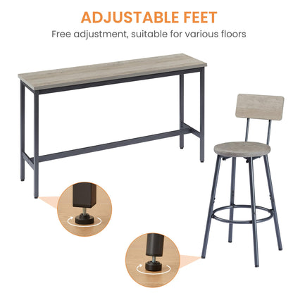 KEIKI Long Bar Table Set with 3 PU Upholstered Bar Stools, Industrial Counter Height Dining Table and Chair Sets for Kitchen, Living Room, Small Space, Grey