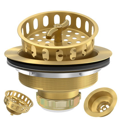 Exakey Gold Sink Drain Strainer 3-1/2 Inch Kitchen Sink Drain Assembly Kit with Stainless Steel Strainer Basket and Drain Stopper for Standard Kitchen Sink Brushed Gold