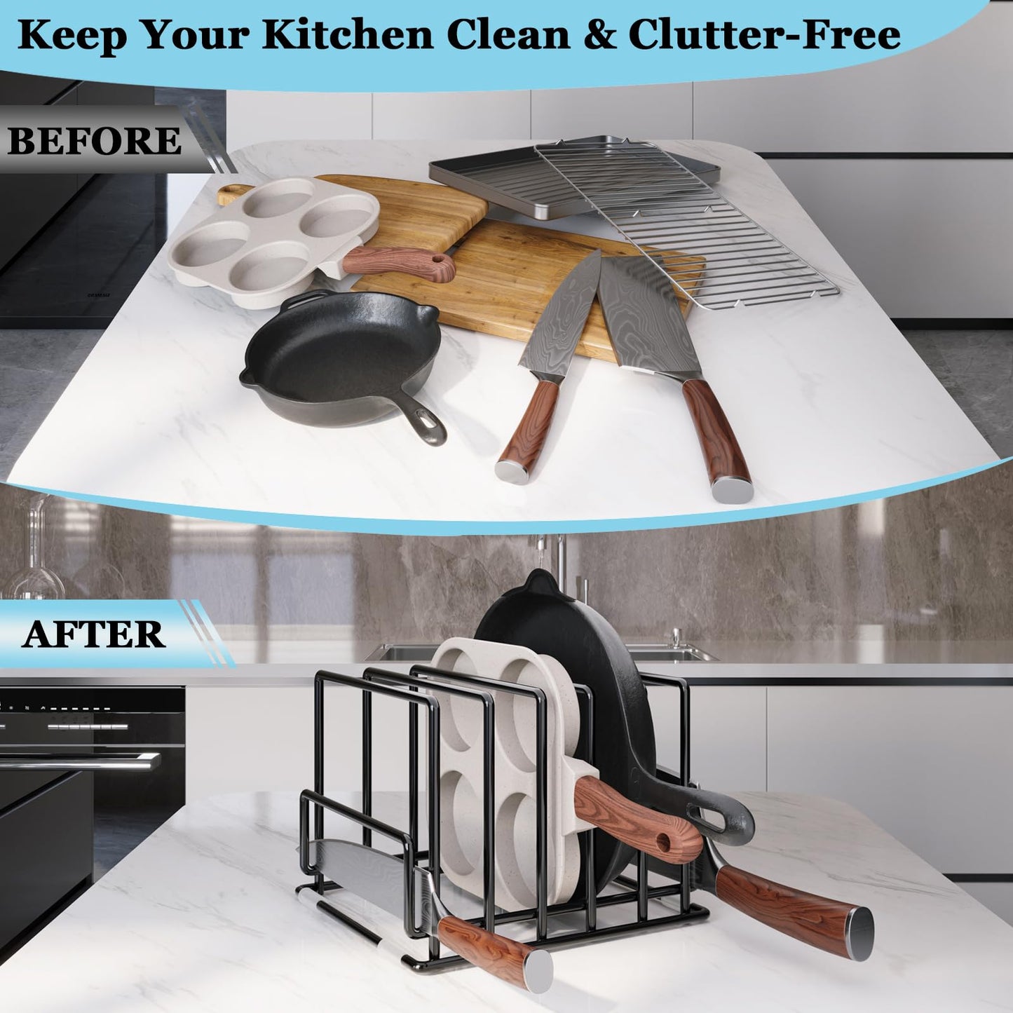 Cutting Board Organizer Rack with 7 Compartments, Heavy-Duty Iron Pan and Baking Sheet Organizer, Kitchen Cabinet Storage Rack with Non-Slip Base, Space-Saving Pot Lid Holder for Countertop & Pantry