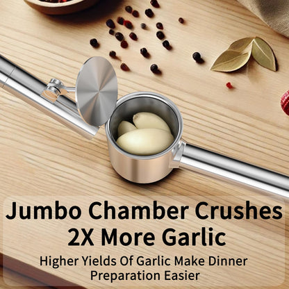 5-in-1 Stainless Steel Garlic Press Set with Jumbo Chamber & Mincer - Heavy Duty Rustproof Garlic Crusher with Ergonomic Handle, Dishwasher Safe, Easy Squeeze Design for Ginger, Nuts, Herbs
