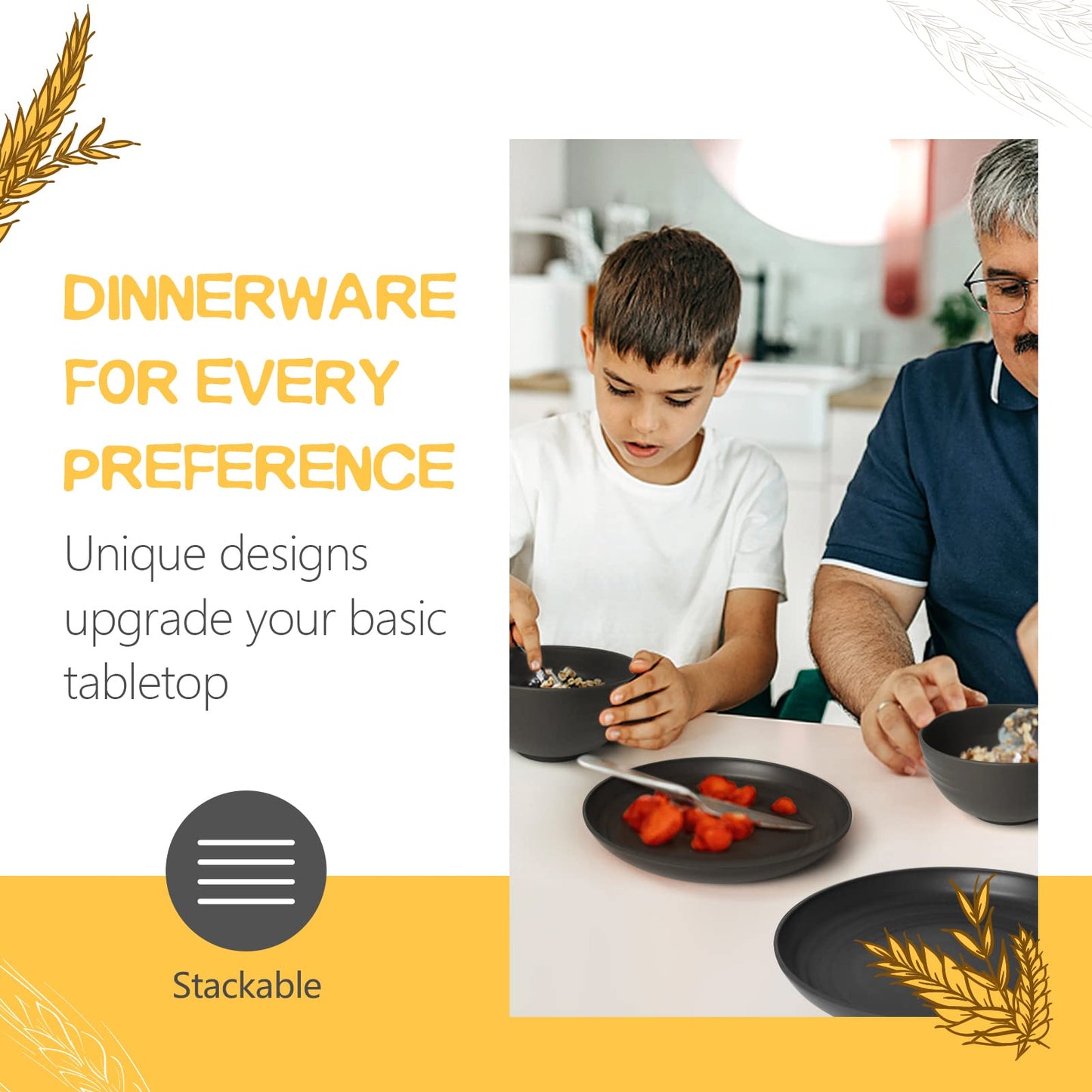 Teivio 32-Piece Kitchen Plastic Wheat Straw Dinnerware Set, Service for 8, Unbreakable Modern Dish Set - Dinner Plate/Dessert Plate/Cereal Bowl/Cup, for Apartment Essentials, Outdoor Camping, Black