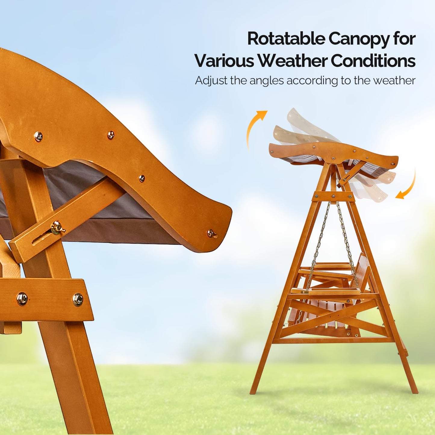 VINGLI Porch Swing with Stand, Porch Swing with Canopy, Waterproof Patio Swing with Cup Holder, Outdoor Swing Set for Garden, Yard, Patio, Teak
