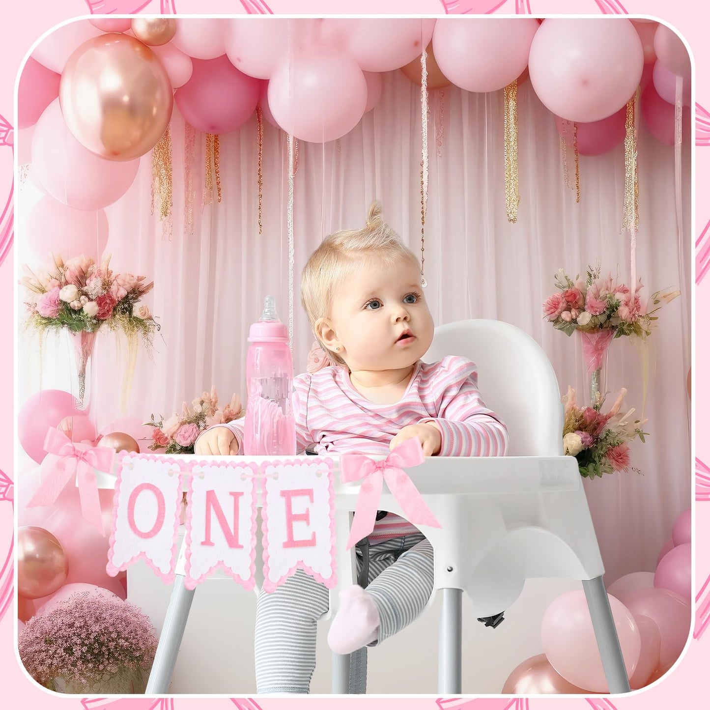 VitalCozy Pink One High Chair Banner for Girls Boys First Birthday High Chair Banner Sweet One Bow Floral Garland 1st Birthday Celebration Decorations (Classic)