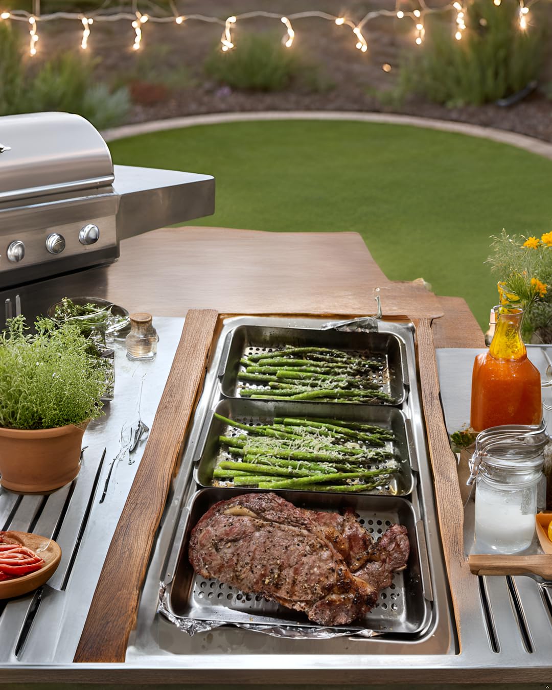 5 Pack Grill Basket for Outdoor Grill, Heavy Duty Stainless Steel Vegetable Grill Pans, Serving Tray BBQ Serving Platters with Holes for Grill Fish,Vegetable,Meat,Prep Food Veggie and Seafood