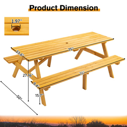 RocVanc Premium Picnic Tables Outdoor Wooden Picnic Table Set with Benches & Umbrella Hole - Stylish and Spacious Seating for 6-8 People - Perfect for Backyard, Porch, and Garden Gatherings