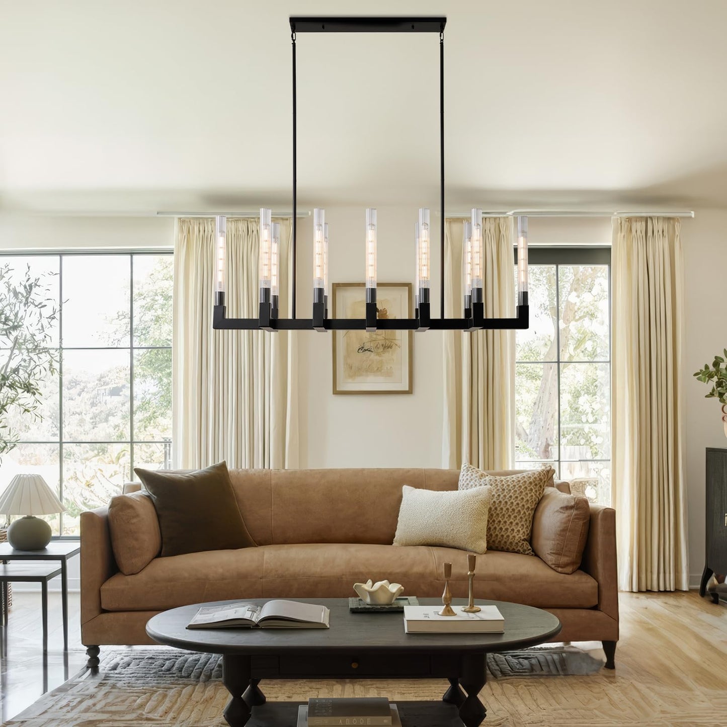 Black Farmhouse Dining Room Chandelier: 54" Modern Linear Rectangle Dining Room Light Fixture - Long Glass Metal Pendant Chandeliers for Kitchen Island - Large Lighting over Kitchen Table Living Rooms