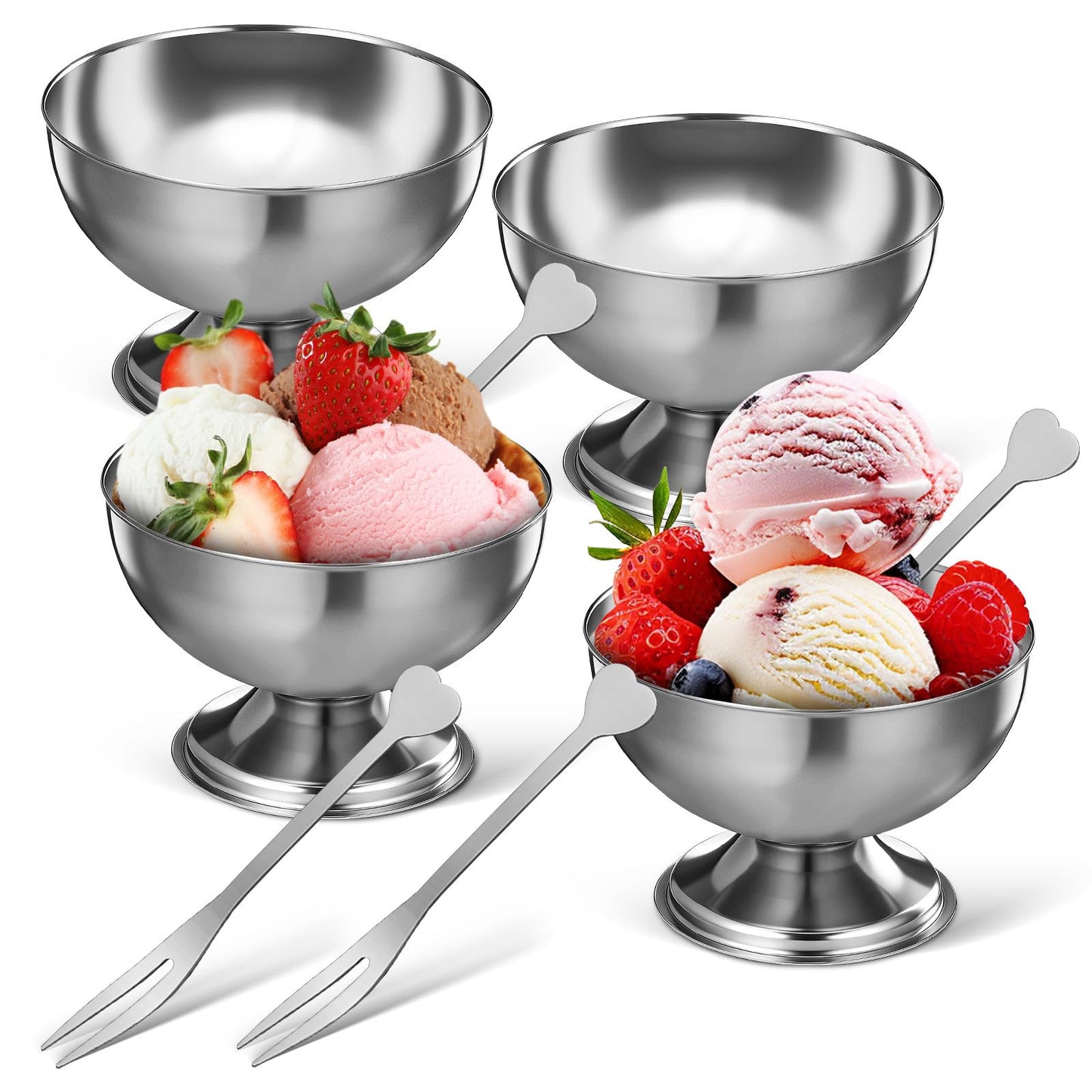 TOYANDONA 4pcs Stainless Steel Footed Dessert Bowls with Forks - Thickened Japanese-style Ice Cream Cups Silver Serving Bowls for Sundae Parfait Yogurt Pudding Salad Fruit, Home Kitchen & Restaurant