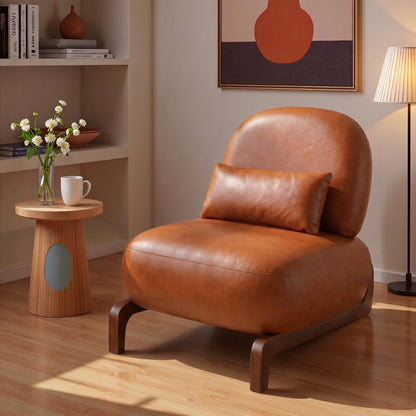 Trygoal Mid Century Modern Leather Armless Accent Chair, MCM Curved Back Lounge Chairs with Tilted Solid Wood Legs & Thick Lumbar Pillow, Single Cloud Sofa for Living Room Reading Nook (Brown)