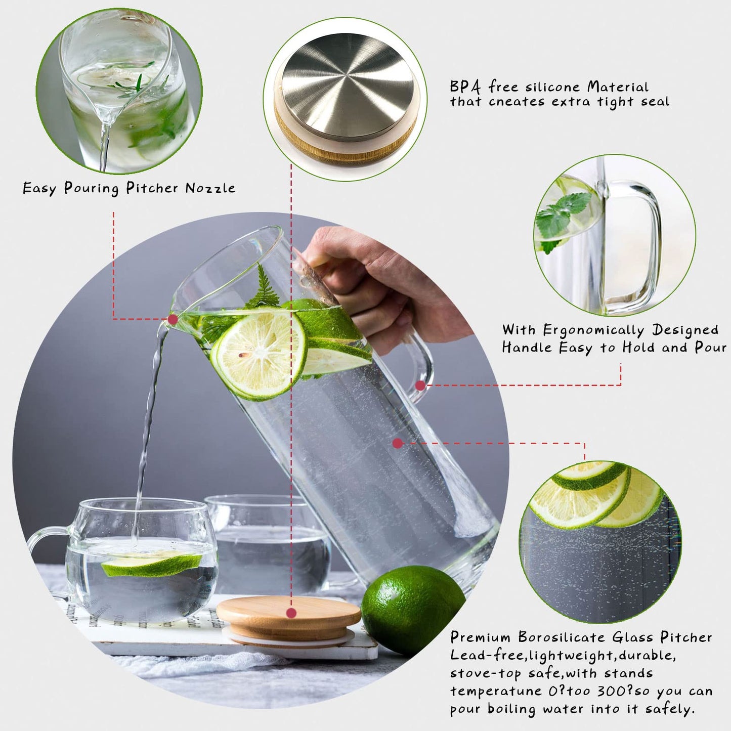 hjn Glass Pitcher with Lid Glass Water Carafe with Handle, Fridge Water Jug Cold or Hot Beverages, Iced Tea, Milk, Juice 1500ml/51oz &