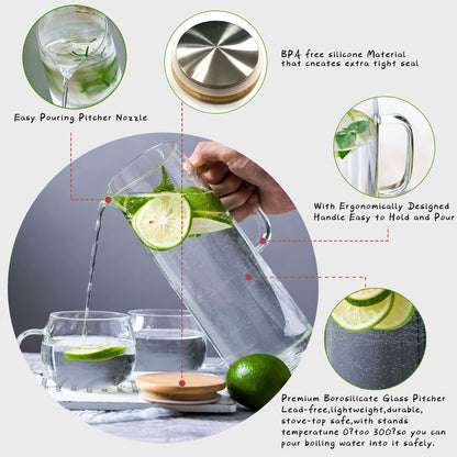 hjn Glass Pitcher with Lid Glass Water Carafe with Handle, Fridge Water Jug Cold or Hot Beverages, Iced Tea, Milk, Juice 1500ml/51oz &