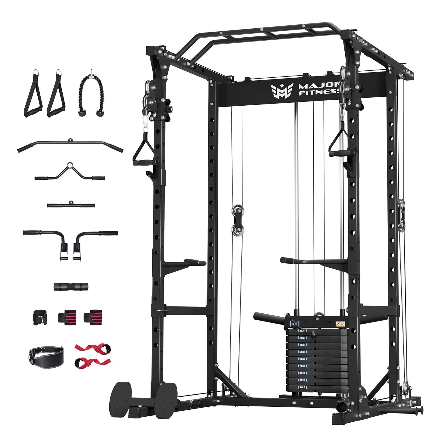 MAJOR FITNESS Power Cage Drone1 Premium- Multi-Function Power Rack for Home Gym, Squat Rack with Pull-up Bar, Cable Crossover System, J-Hooks, for Strength Training, Heavy-Duty Steel Construction
