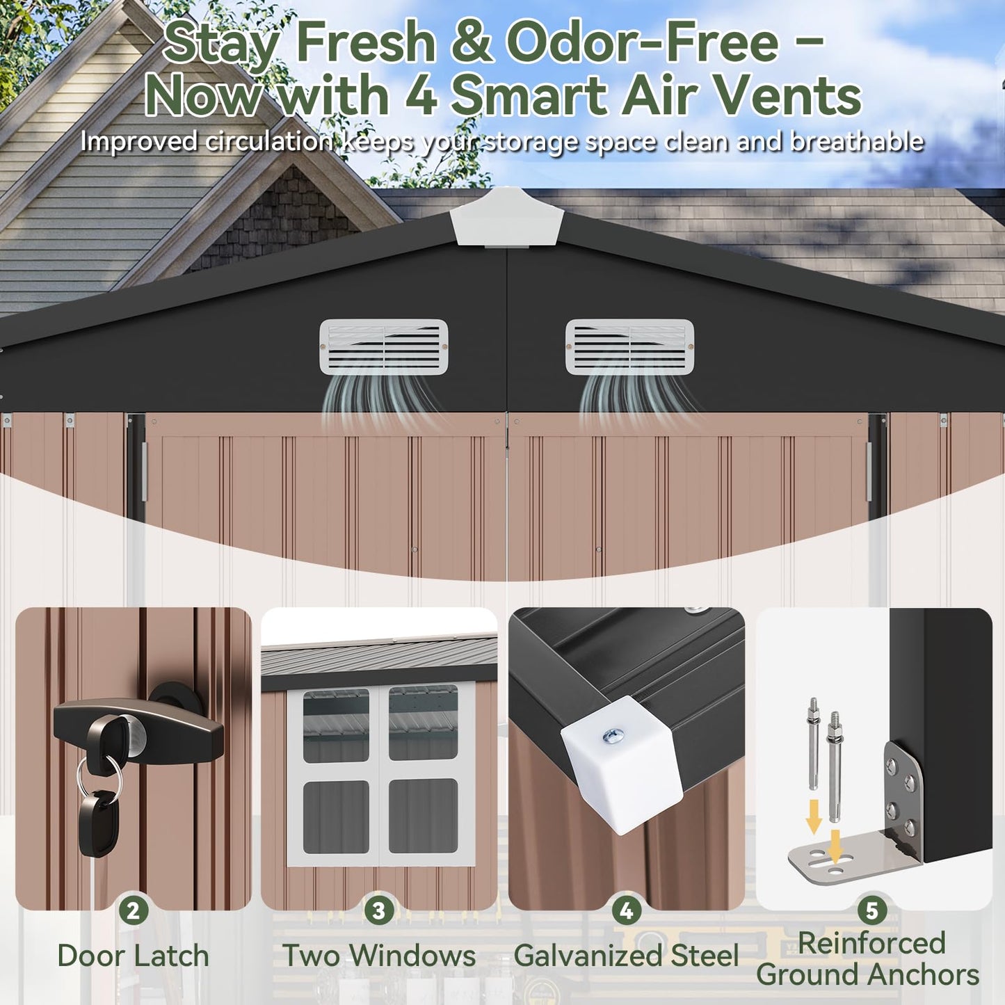 Aoxun 8x12 FT Outdoor Storage Shed with Open Firewood Storage,Galvanized Steel Garden Shed with Lockable Doors,Sloped Roof,Windows, 2 in 1 Large Metal Tool Shed for Patio, Backyard, Lawn (Brown)