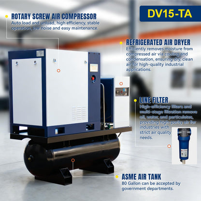 DAVV 20HP/15KW VSD Permanent Magnet Rotary Screw Air Compressor for Laser Cutting – 230PSI / 42CFM, 80Gal ASME Tank, Refrigerated Air Dryer & Filters, 230V 3-Phase 60Hz
