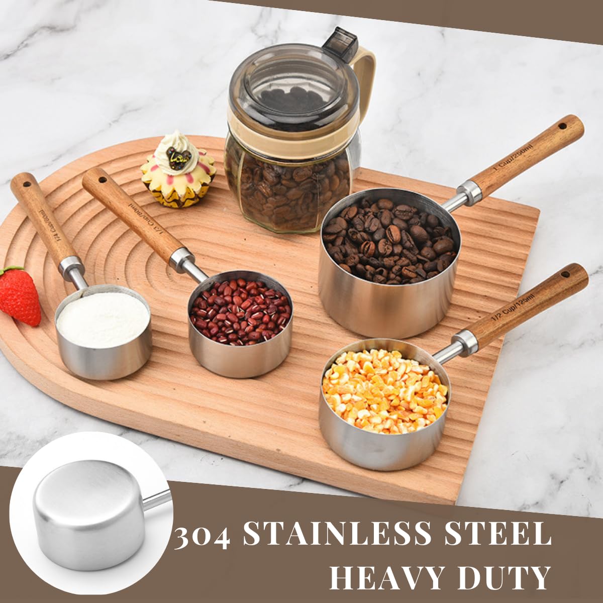 Measuring Cups and Spoons Set with Wooden Handle, 8 Pieces Stainless Steel Measuring Spoon and Cup with US Measurements for Baking and Cooking Sliver